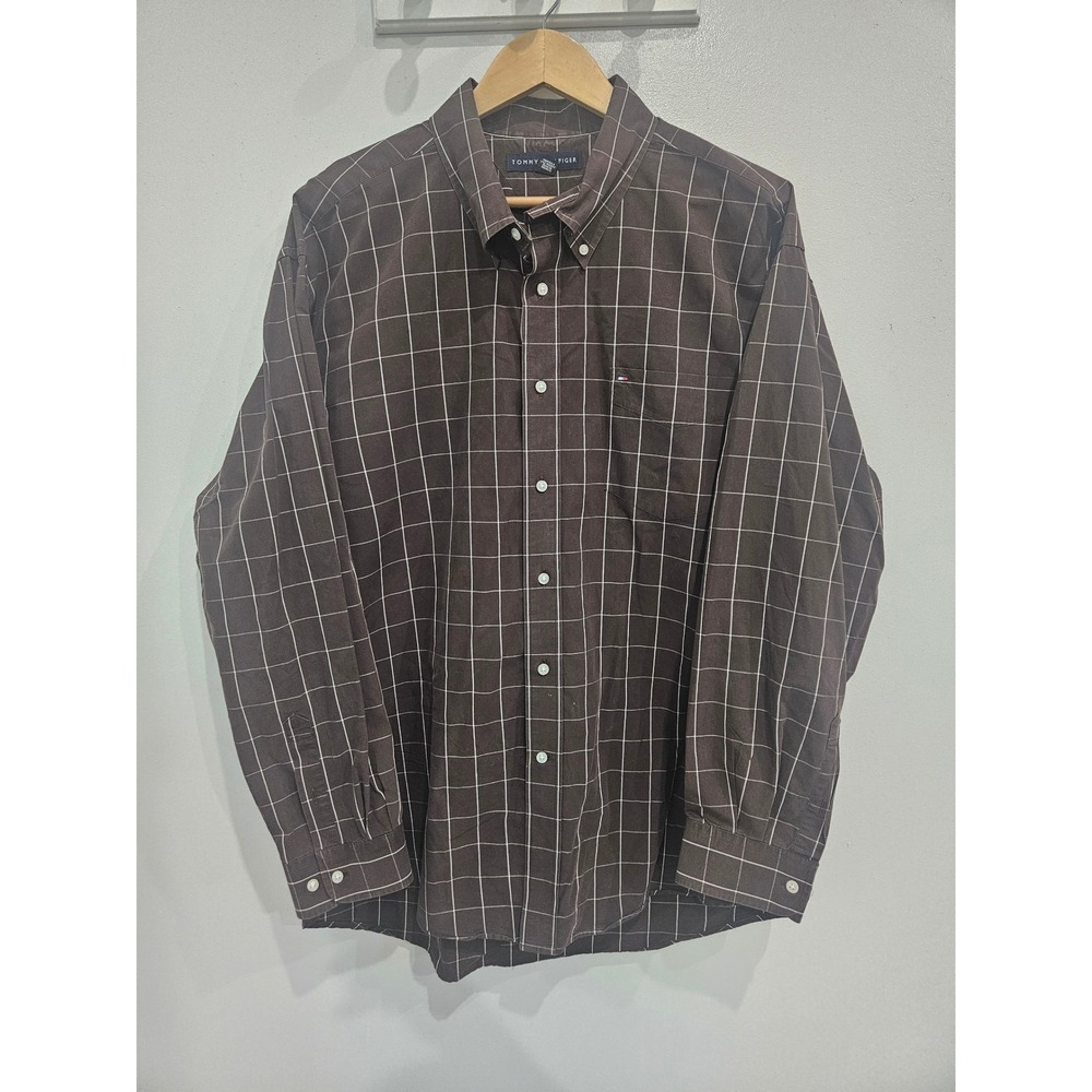 Tommy Hilfiger Men XL Brown Windowpane Grid Cotton Button Down Long Sleeve Shirt